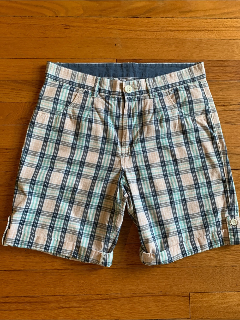 Original Penguin Plaid (Navy, Green & Tan) Flat Front Shorts (30” waist)
